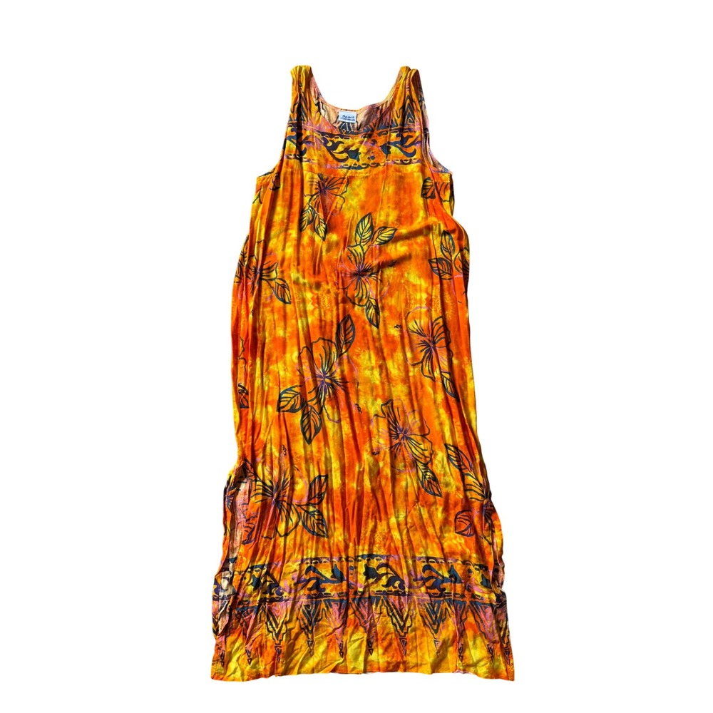Beach Cabana Orange Yellow Tie Dye Tropical Floral Sleeveless Maxi Dress Womens